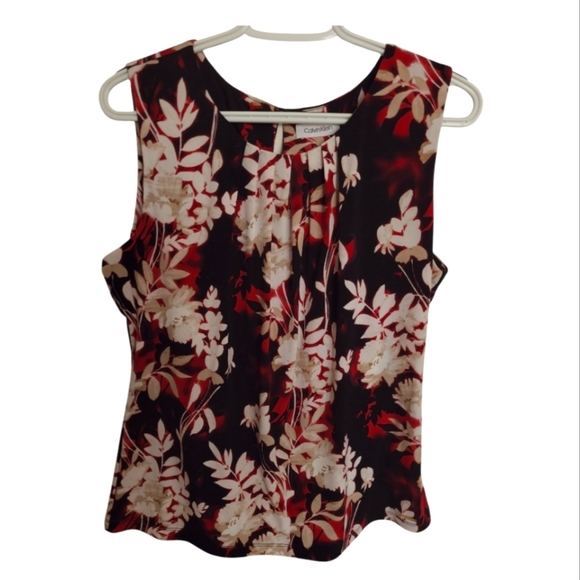 Calvin Klein Black Red Floral Pleated Sleeveless Blouse Size Medium - Picture 1 of 11